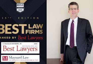 Doug Maynard headshot, Doug Maynard Law logo, Best Lawyers 2025 logo, Best Law Firms 2025 logo